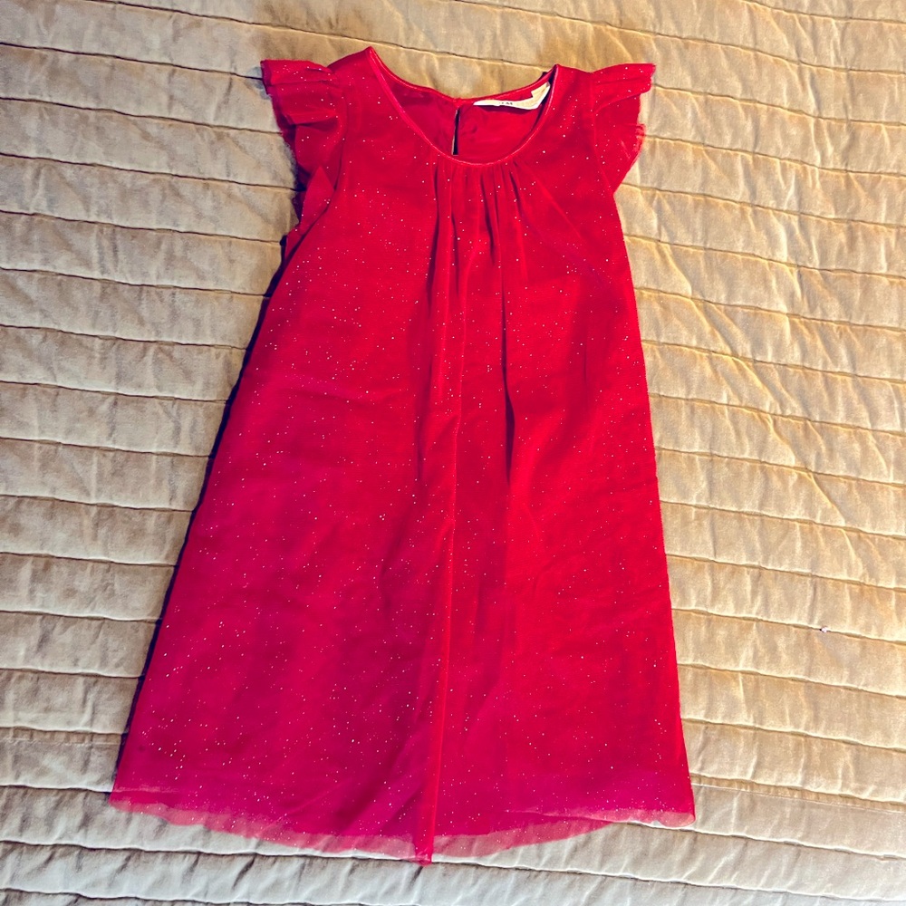 Holiday red dress with ruffle sleeve
